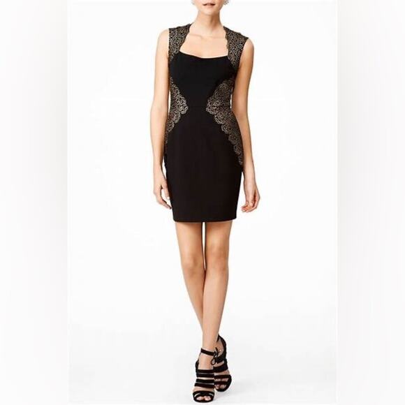 Erin by Erin Fetherston Shelby Black Gold Appliqué Sheath Cocktail Dress Size 4 - Picture 3 of 10